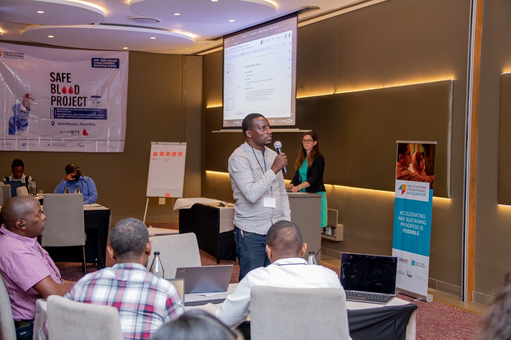 A representative from the Rwanda BTD made a presentation from group work on advocacy strategies for safe blood at the Cross-Country Learning Event. Photo credit: Aphrike Studios and Media / The Accelerator