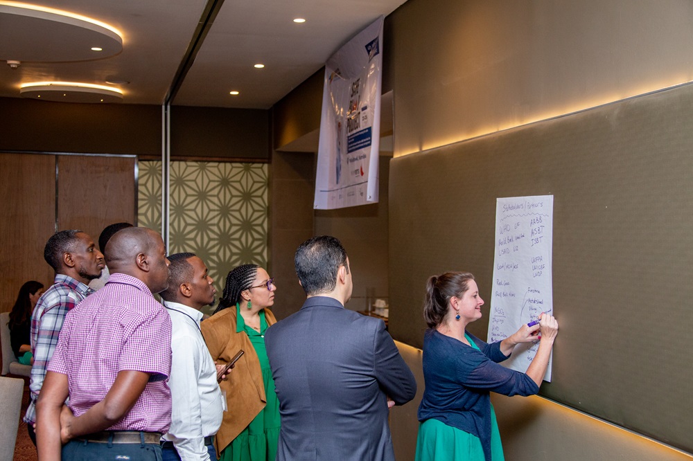 Country delegates making contributions to the safe blood access hub agenda in a group exercise. Photo credit: Aphrike Studios and Media / The Accelerator